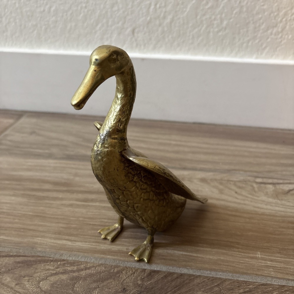 Vintage Brass Duck Figurine Wings Open 9"